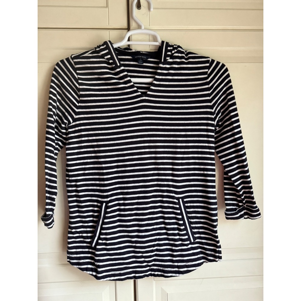Lands' End Striped Hoodie‎ Top Women's Size Small 6-8 Black White 3/4 Sleeve